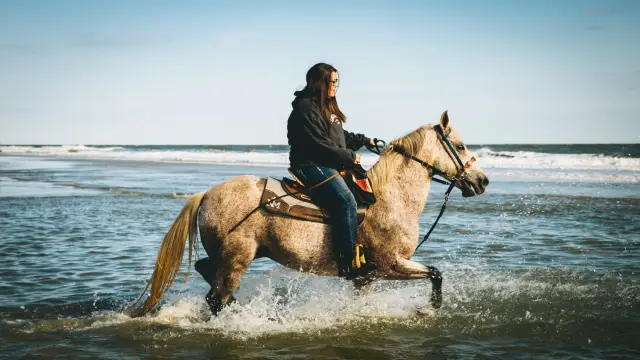Woman riding a horse through the surf